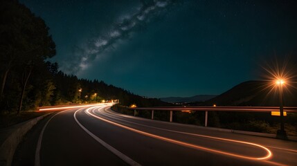 Obraz premium Road at Night with Light Trails 