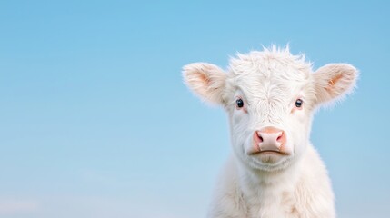 Obraz premium White calf portrait, outdoors, clear sky background, farm animal