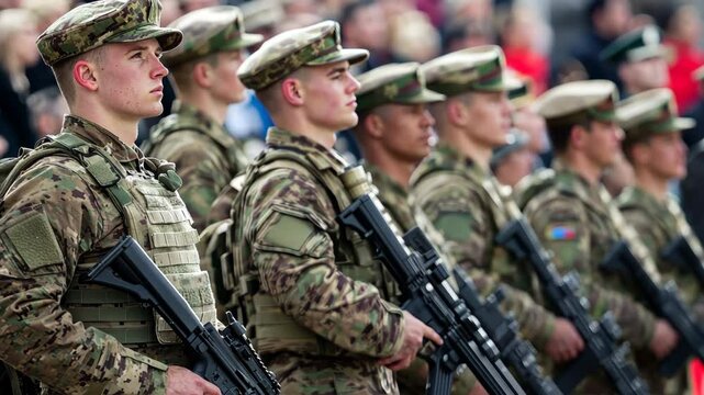 A line of soldiers in military uniforms and camouflage gear stand at attention with rifles during a formal parade.