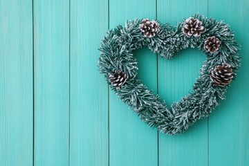 Heart-shaped wreath adorned with pinecones on a turquoise background