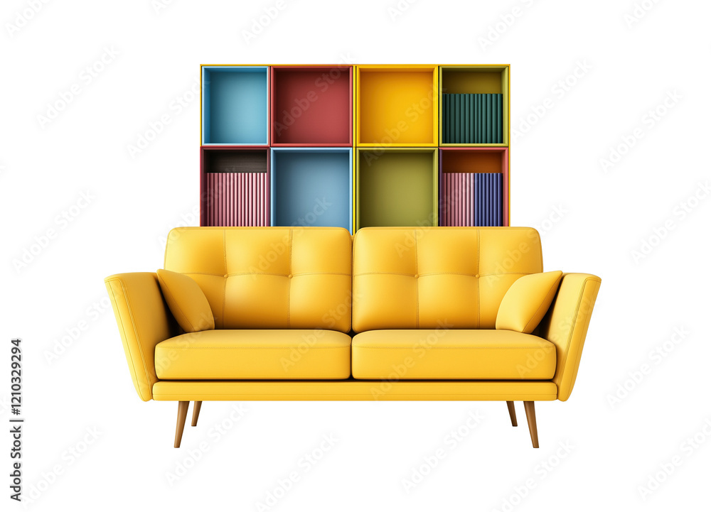 Poster yellow tufted sofa with vibrant bookshelf and cushions image isolated transparent, ai generated. bri
