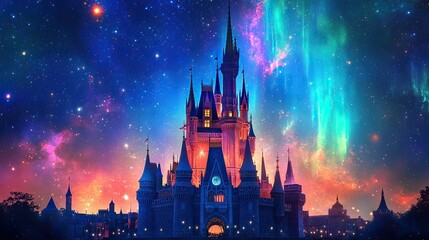 Fototapeta premium A fantasy castle with transparent spires glowing in harmony with nebulas, stars, and auroras in a breathtaking cosmic backdrop.
