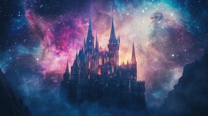 Fototapeta premium A fantasy castle with transparent spires glowing in harmony with nebulas, stars, and auroras in a breathtaking cosmic backdrop.