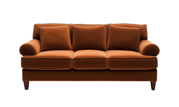 Classic brown sofa with plush cushions and simple design image isolated transparent, ai generated. Comfortable furniture cut out photo png. Inviting home seating cutout element object photography