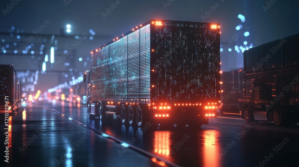 Poster futuristic self driving trucks transporting goods on a highway at night, featuring digital binary co