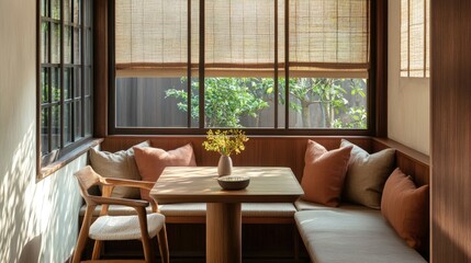 A modern dining corner with brown-tinted window panes, a small wooden table, and cushioned chairs in earthy tones.