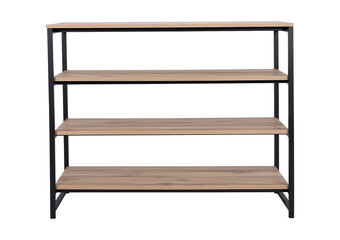 Four-tier industrial storage shelf image isolated transparent, ai generated. Wood and metal shelving unit cut out photo png. Home organization, minimalist bookcase cutout element object photography