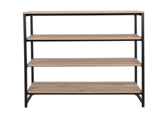 Four-tier industrial storage shelf image isolated transparent, ai generated. Wood and metal shelving unit cut out photo png. Home organization, minimalist bookcase cutout element object photography