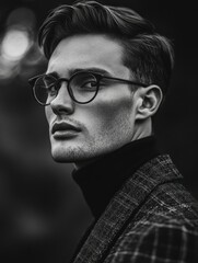 Obraz premium Elegant Fashion Portrait of a Man with Glasses and Stylish Haircut