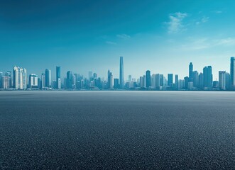 Fototapeta premium City skyline view with an empty asphalt foreground under a clear blue sky