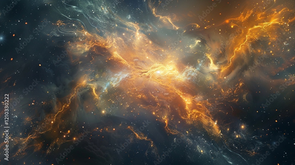 Poster ethereal galactic nebula filled with golden sparkling light trails 3d rendering image, ai generated