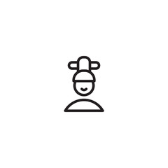 A minimalist line art icon of a person wearing a traditional Asian chef's hat, representing a cook or culinary profession.