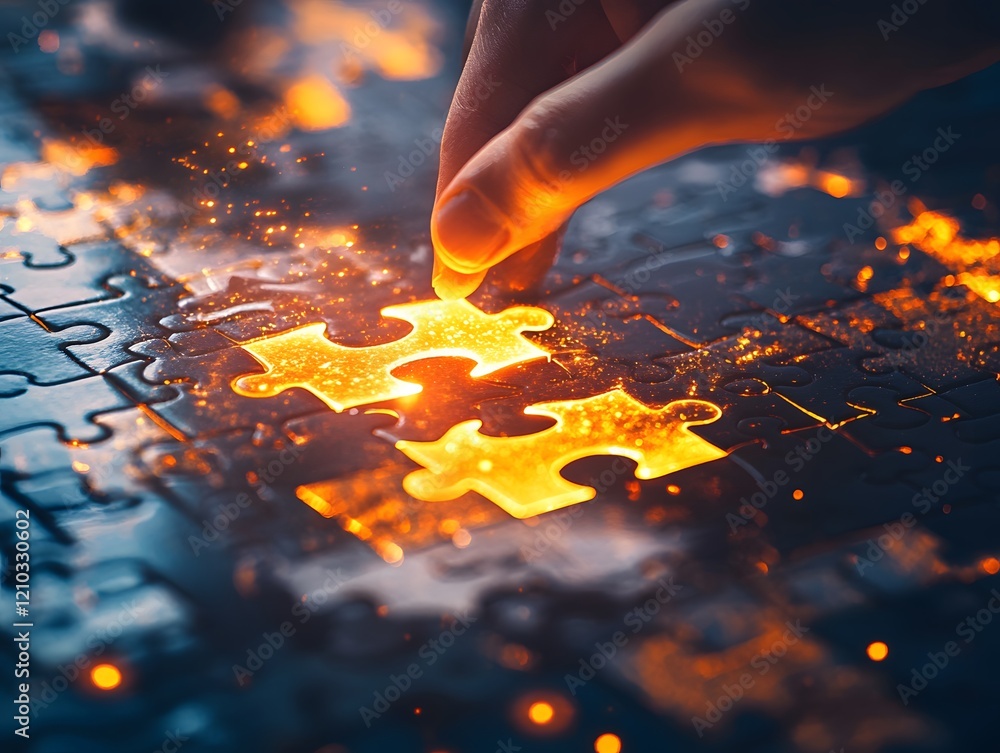 Poster hand placing illuminated puzzle piece into dark background to create light and sparkle, representing