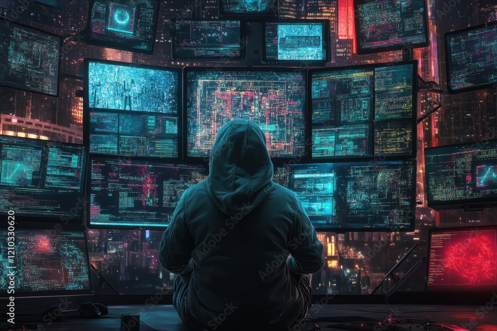 Aufkleber a man is sitting in front of a computer monitor with many screens