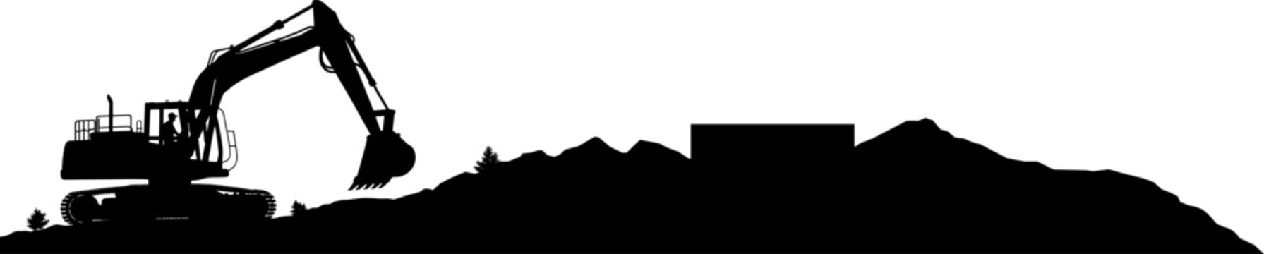 Vektor Silhouette - Bagger auf Sandh&uuml;geln - Baumaschine im Einsatz - Bauprojekt