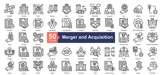 Merger and Acquisition Icon Collection Set.Containing Integration, Company, Target, Takeover, Deal, Purchase, Negotiation, Transaction icon. Simple line style Vector Illustration.	