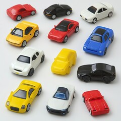 Colorful toy cars arranged on white background; perfect for children's toys or automotive concepts