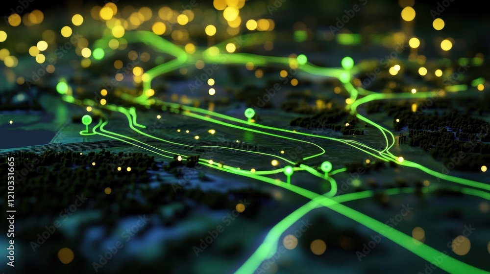 Poster glowing green lines representing navigation routes illuminate a dark, detailed 3d city map at night,