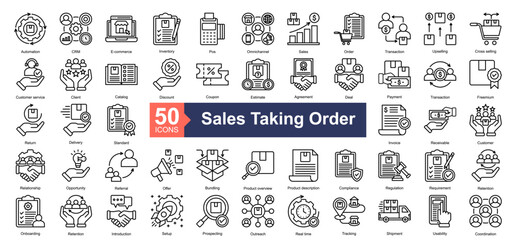 Sales Taking Order Icon Collection Set.Containing Automation, CRM, E-commerce, Inventory, Pos Terminal, Omnichannel, Sales icon. Simple line style Vector Illustration.	