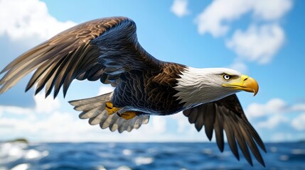Obraz premium Majestic Eagle Gliding Over Sparkling Ocean Waters Under Blue Sky