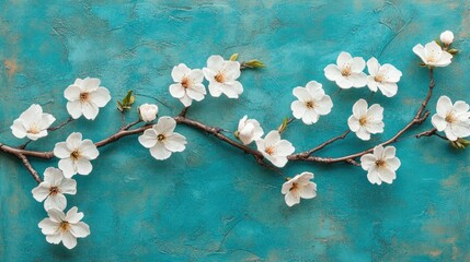 Beautiful cherry blossom branches in full bloom against a turquoise blue background with ample copy space for springtime designs.