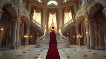 Obraz premium Palace interior background, vector castle hall illustration, marble staircase, medieval luxury ballroom. Royal vintage museum room, pillar, arch window, red carpet, vase, chandelier. Palace interior