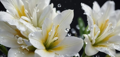 Close-up of white freesia petals with water droplets, fresh, natural beauty