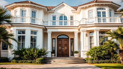 Fototapeta premium Magnificent Oceanfront Mansion: Luxury Coastal Home with Classic Architecture and Breathtaking Views