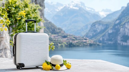 Suitcase and hat by scenic lake, mountains; travel imagery