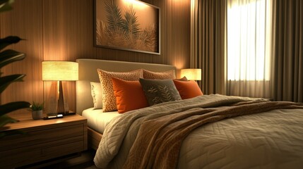Modern bedroom featuring a warm bedside lamp and a neatly made bed with accent pillows and a throw blanket.