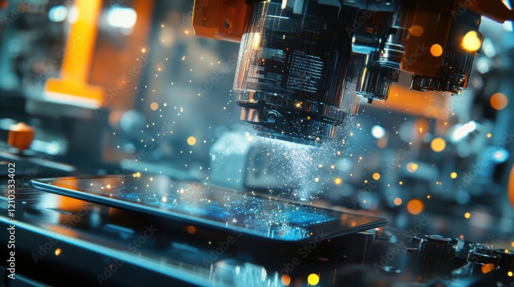 Poster robotic arm projecting digital particles onto a tablet, symbolizing data transfer and advanced autom