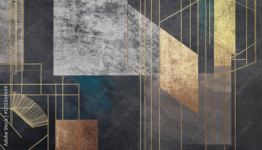 Aufkleber modern geometric abstract with gold sun and linear patterns on textured gray background, ideal for contemporary decor and wall art

