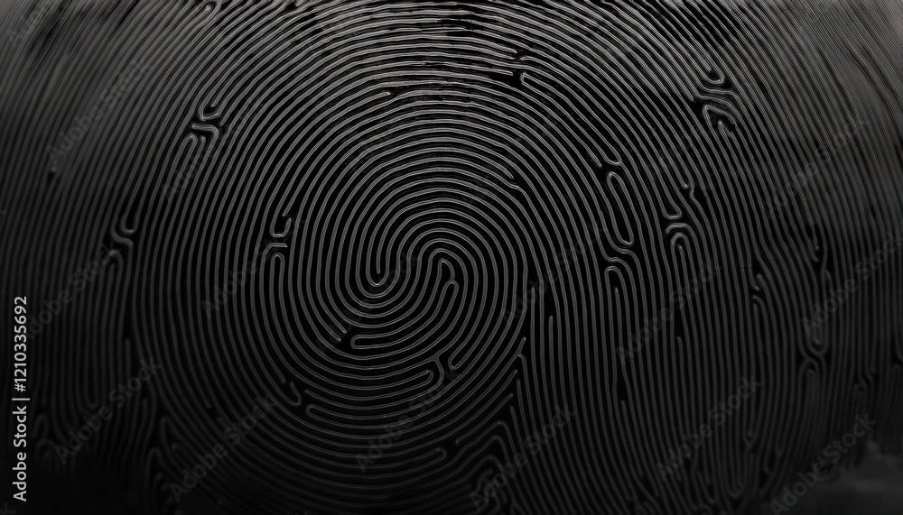 Poster close-up of black textured fingerprint pattern with intricate lines and grooves, suitable for security, technology, or abstract art concepts