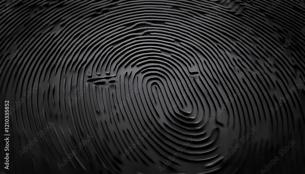Poster close-up of black textured fingerprint pattern with intricate lines and grooves, suitable for security, technology, or abstract art concepts