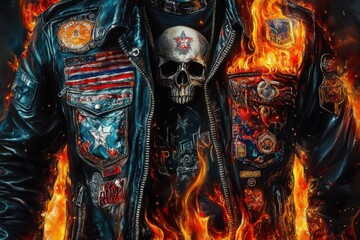 A man is wearing a leather jacket with a skull on it and a red star on the back