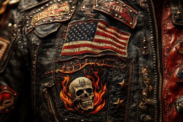 Obraz premium A man is wearing a leather jacket with a skull on it and a red star on the back