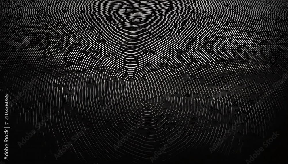 Poster close-up of black textured fingerprint pattern with intricate lines and grooves, suitable for security, technology, or abstract art concepts