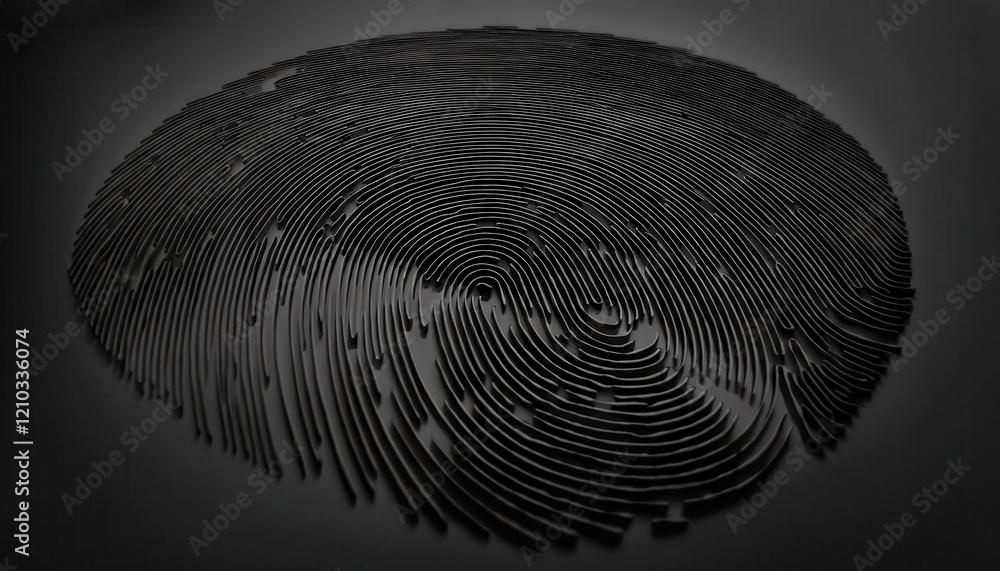 Poster close-up of black textured fingerprint pattern with intricate lines and grooves, suitable for security, technology, or abstract art concepts