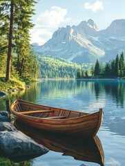 Serene Lake Scene with Boat and Mountain Backdrop
