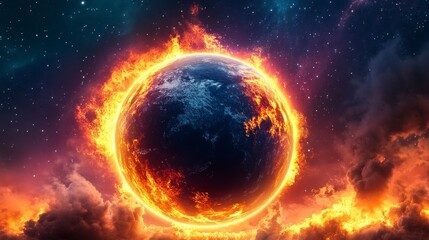 Obraz premium Fiery Earth in Cosmic Space with Colorful Flames and Stars