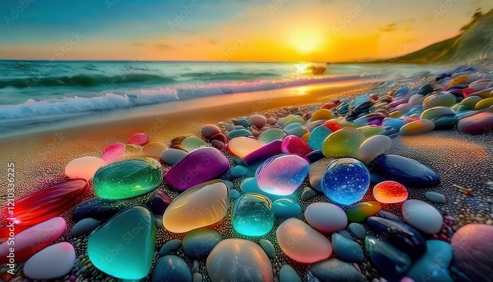 Aufkleber glowing colorful pebbles illuminated by sunset light on a beach with waves and golden reflections, i