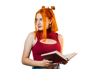 joven mujer con un libro en la mano mirando para un lado en fondo trasparente - foto de stock 