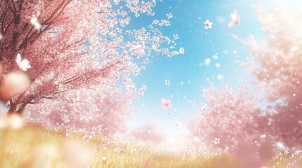 Dreamy spring background with a sunlit meadow, blossoming trees, and soft bokeh effects under a bright blue sky.