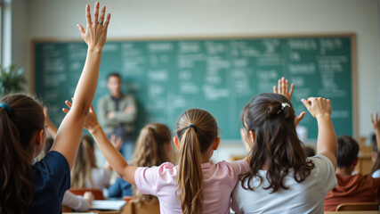 Fototapeta premium A vibrant classroom scene showcasing eager students raising hands, eager to participate in learning.