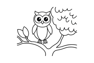 Cute kawaii cartoon character owl on the tree coloring page, vector printable worksheets for preschool