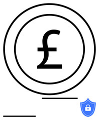 Pound sign within concentric circles, accompanied by a shield with a lock icon. Ideal for finance, security, banking, savings, protection, digital payments trustworthy services. Abstract line flat