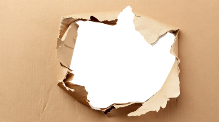 Hole in cardboard. A torn piece of cardboard or paper. A blank space for writing on a transparent background. high resolution PNG file
