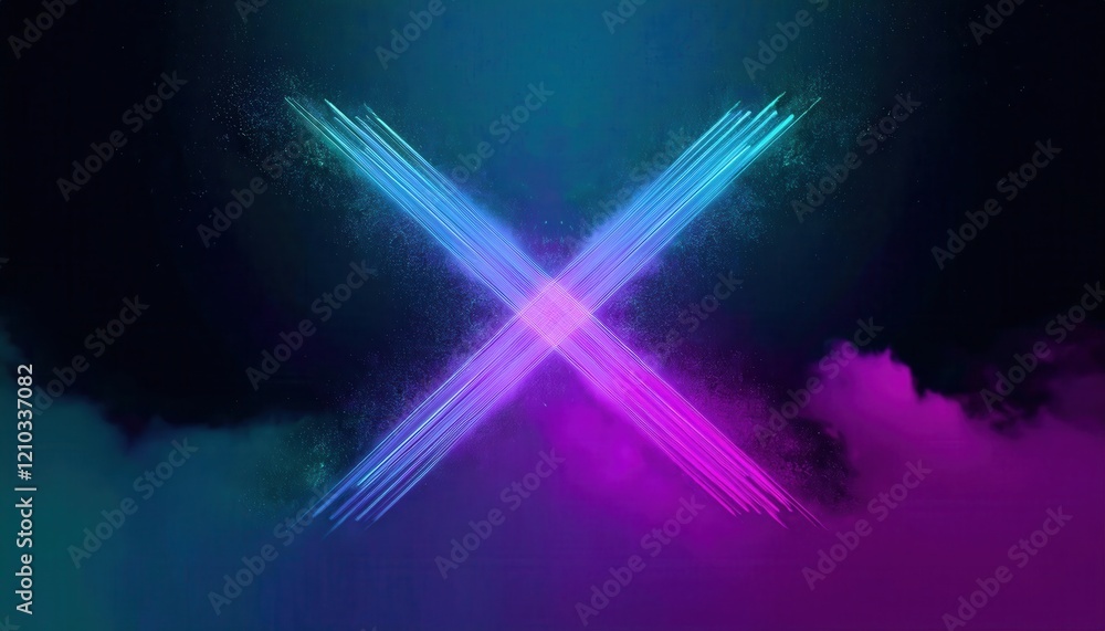 Poster glowing neon gradient x design with pink and teal clouds on dark background, modern abstract art for