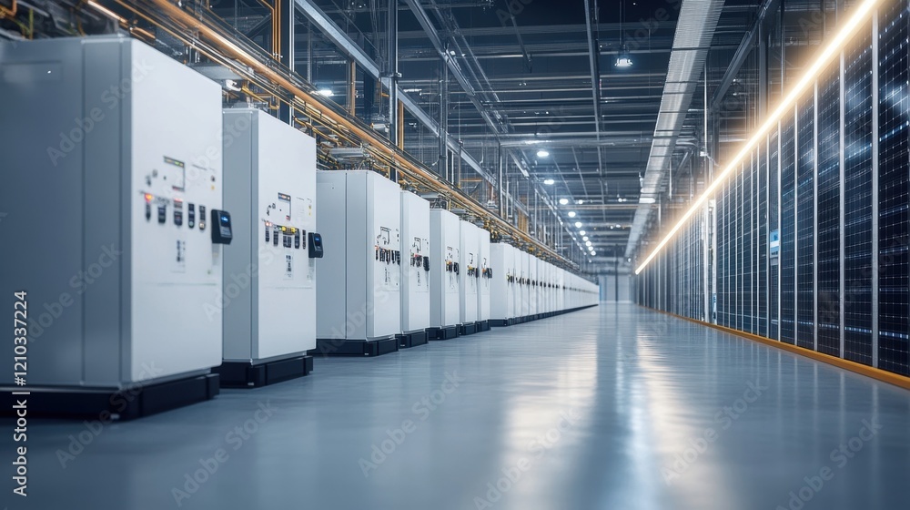 Poster rows of supercomputers and control panels are processing and storing data inside a server room in a 