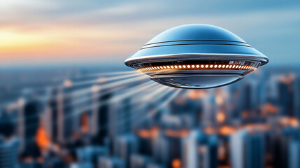 Giant UFO Hovering Over a Bustling Modern City During Sunset With Colorful Skies